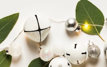 Close up of leaves, bells, and holiday ornaments | Dockside Cannabis