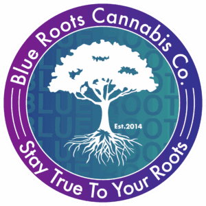 Blue and purple Blue Roots logo, a cannabis company based in WA. 