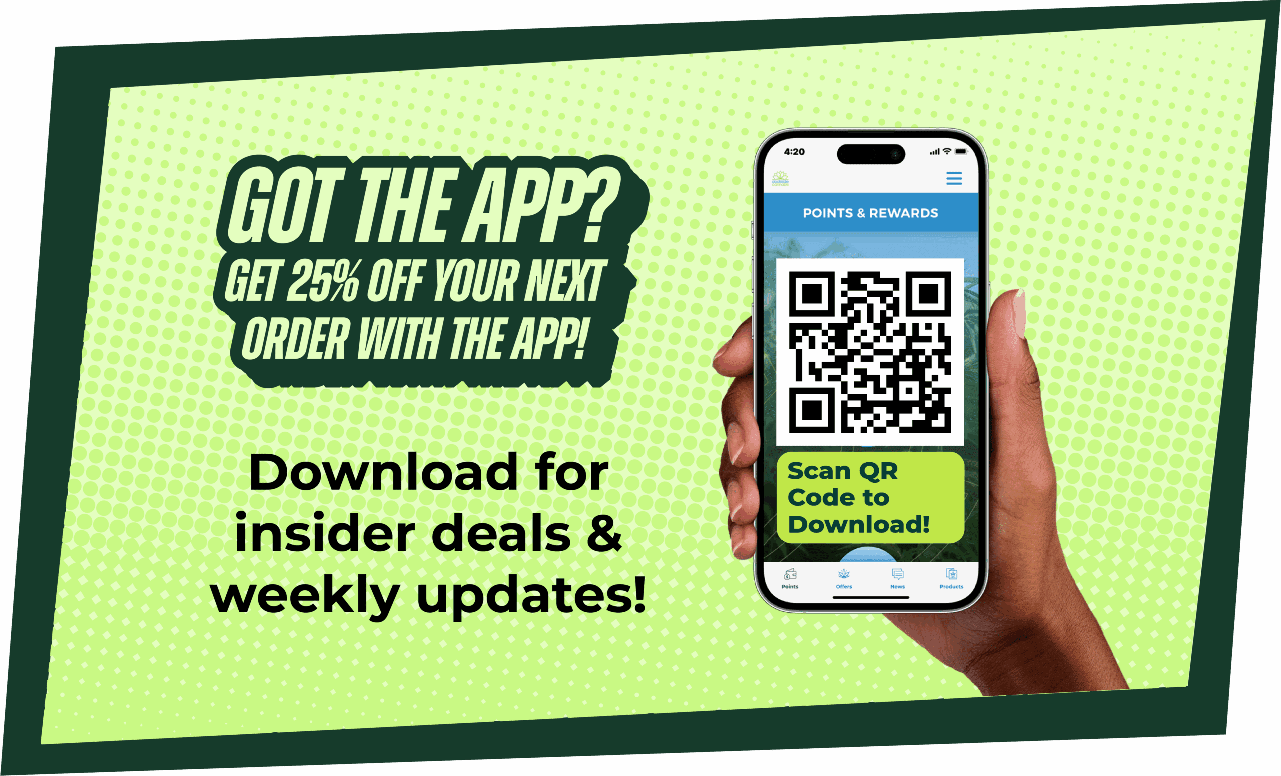 A graphic advertising the Dockside mobile app, which includes insider deals and weekly updates
