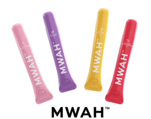 An image of 4 MWAH vapes. They are vapes, but are in the same shape and form factor as a tube of lipgloss